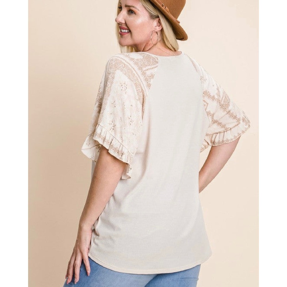 Cotton Bleu Women's Beige‎ Waffle Blouse Small New Knit Ruffle Flowy Sleeve Top
